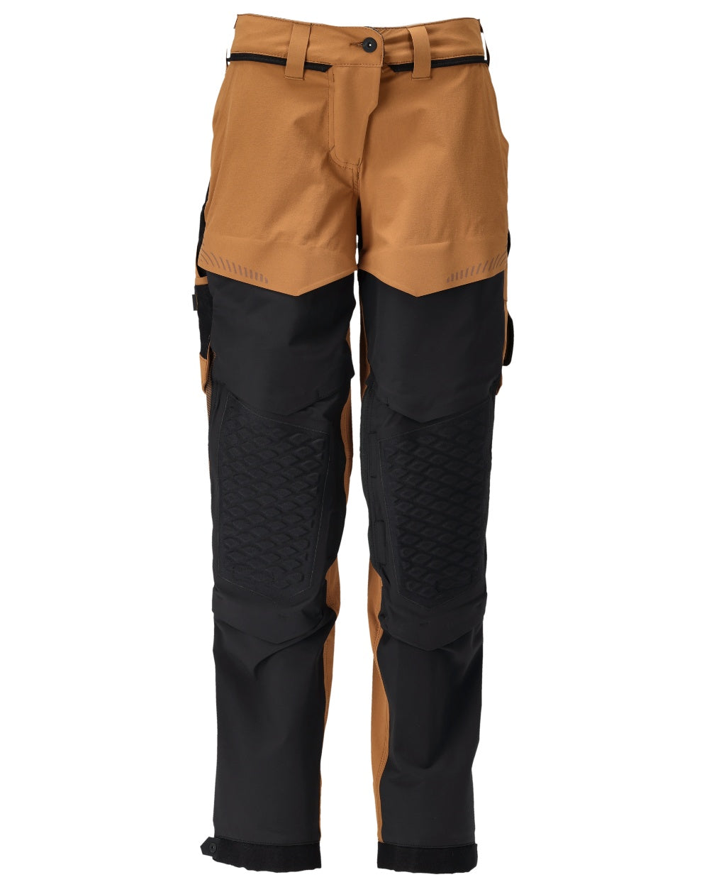 Nut Brown Black Coloured Mascot Workwear Womens Customized Diamond Fit Trousers With Kneepad Pockets on white background 