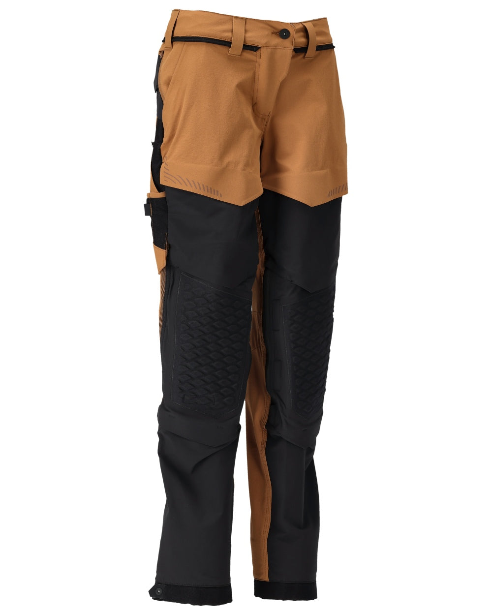 Nut Brown Black Coloured Mascot Workwear Womens Customized Diamond Fit Trousers With Kneepad Pockets on white background 