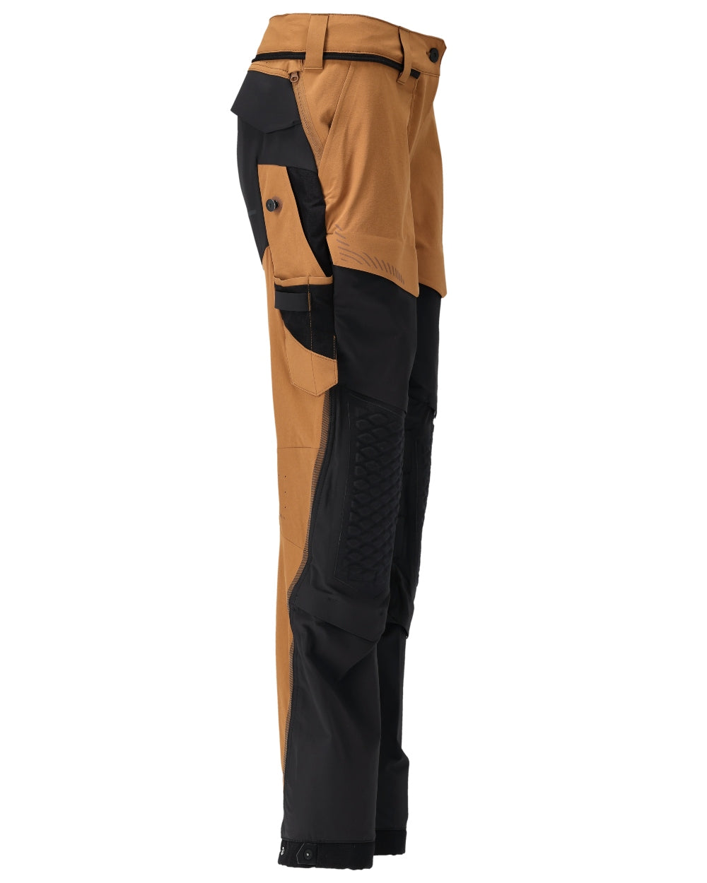 Nut Brown Black Coloured Mascot Workwear Womens Customized Diamond Fit Trousers With Kneepad Pockets on white background 