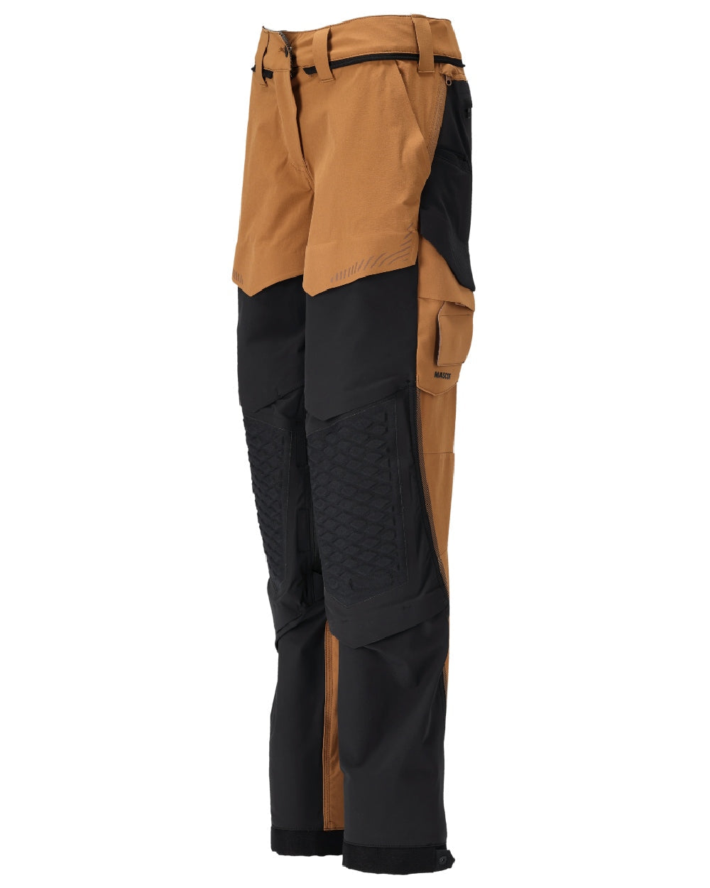 Nut Brown Black Coloured Mascot Workwear Womens Customized Diamond Fit Trousers With Kneepad Pockets on white background 