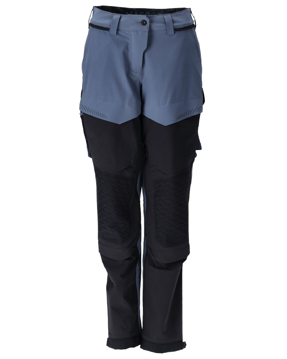 Stone Blue Dark Navy Coloured Mascot Workwear Womens Customized Diamond Fit Trousers With Kneepad Pockets on white background 