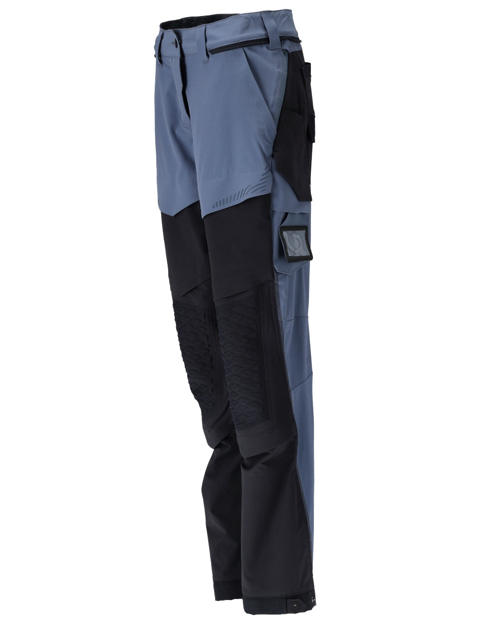 Stone Blue Dark Navy Coloured Mascot Workwear Womens Customized Diamond Fit Trousers With Kneepad Pockets on white background 