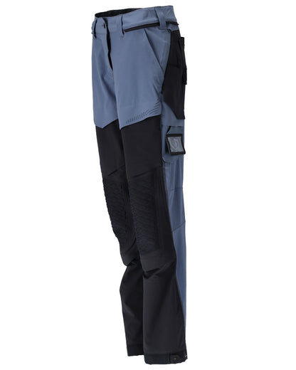 Stone Blue Dark Navy Coloured Mascot Workwear Womens Customized Diamond Fit Trousers With Kneepad Pockets on white background 