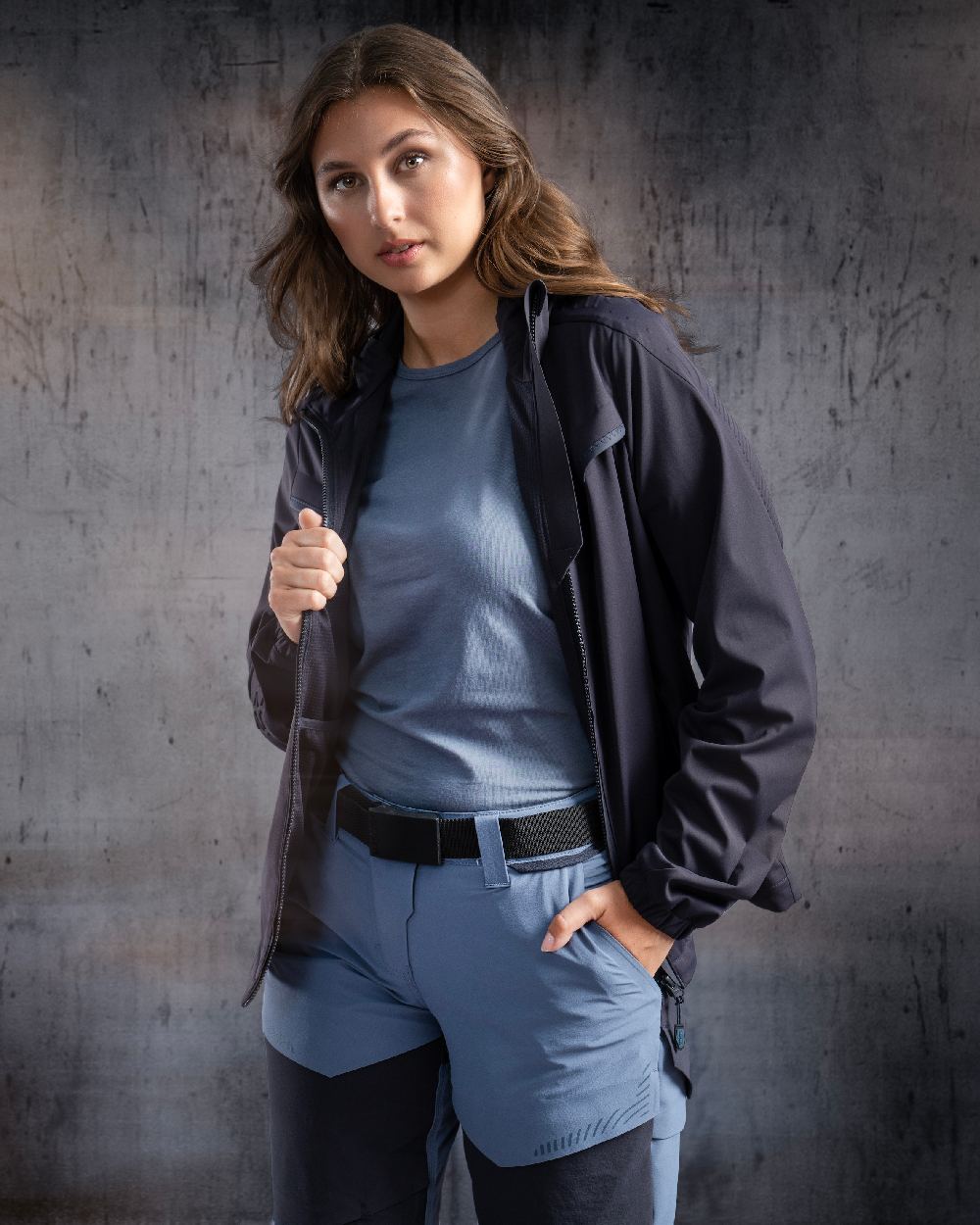 Black Coloured Mascot Workwear Womens Customized Lightweight Jacket on studio background 