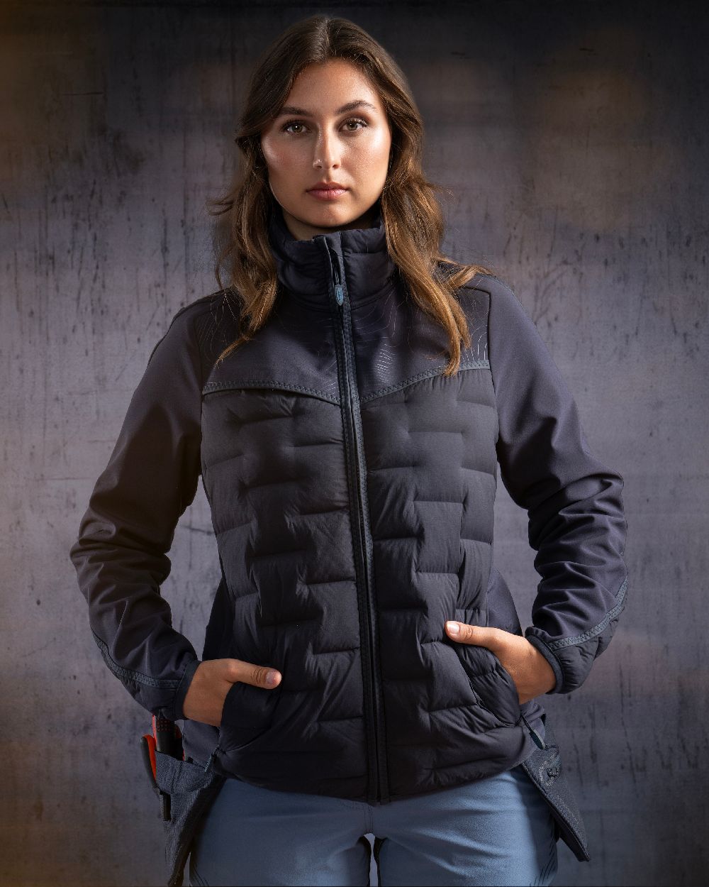 Dark Navy Coloured Mascot Workwear Womens Customized Lightweight Lining Jacket on studio background 