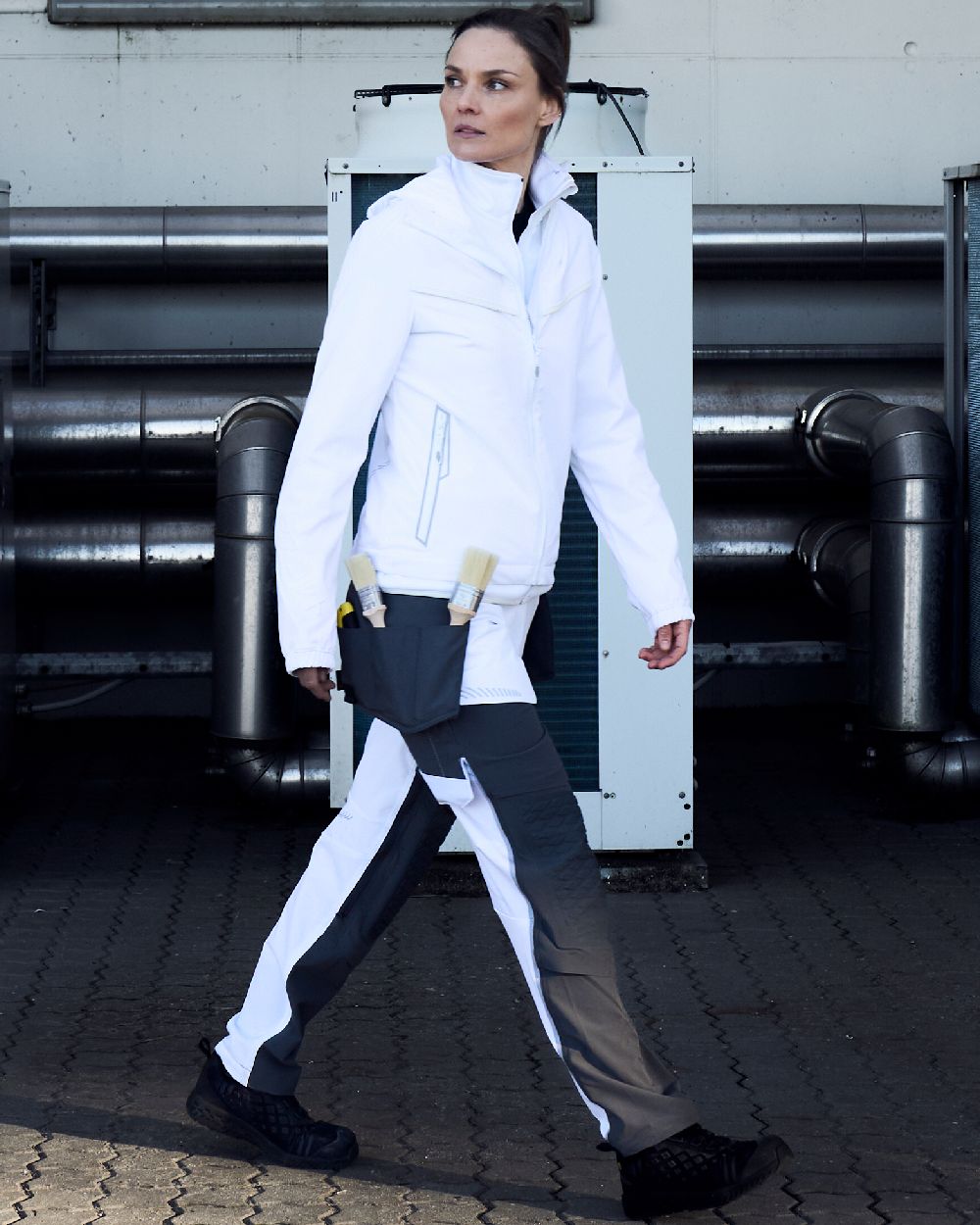 White Stone Grey Coloured Mascot Workwear Womens Customized Water Repellent Trousers With Kneepad Pockets on outdoor background 