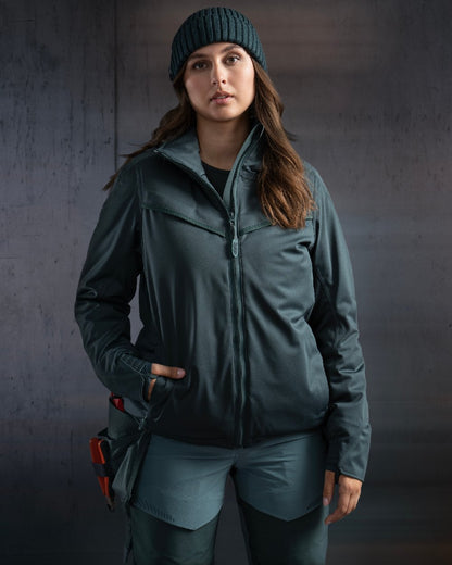 Forest Green Coloured Mascot Workwear Womens Customized Waterproof Winter Jacket on studio background 