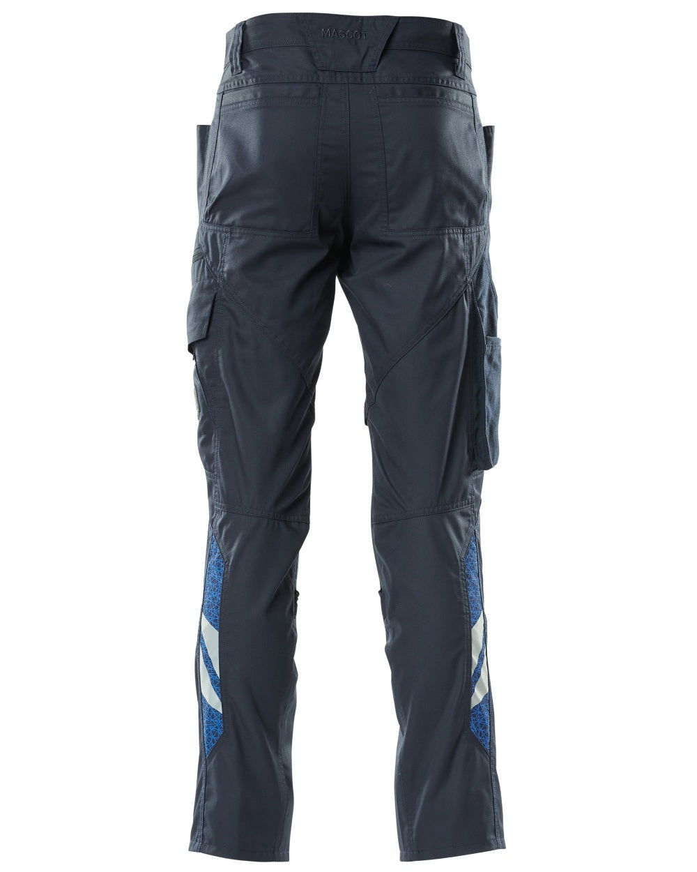 Dark Navy coloured Mascot Workwear Mens Accelerate Trousers With Kneepad Pockets on white background 