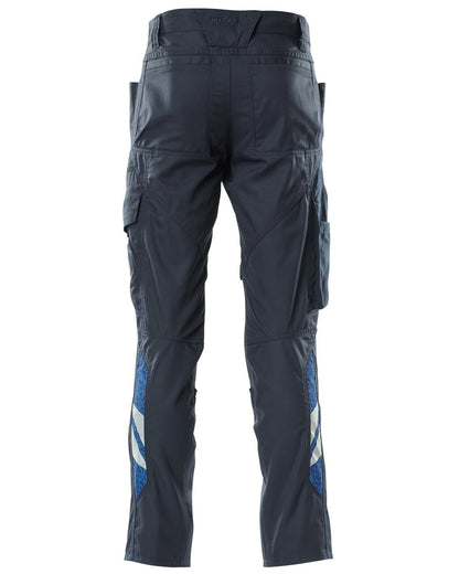 Dark Navy coloured Mascot Workwear Mens Accelerate Trousers With Kneepad Pockets on white background 
