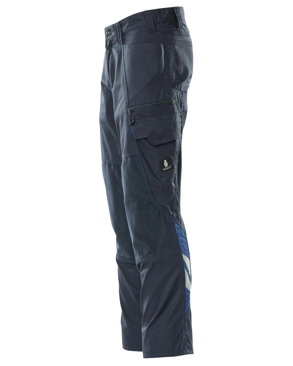 Dark Navy coloured Mascot Workwear Mens Accelerate Trousers With Kneepad Pockets on white background 