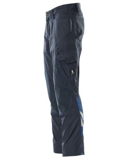Dark Navy coloured Mascot Workwear Mens Accelerate Trousers With Kneepad Pockets on white background 