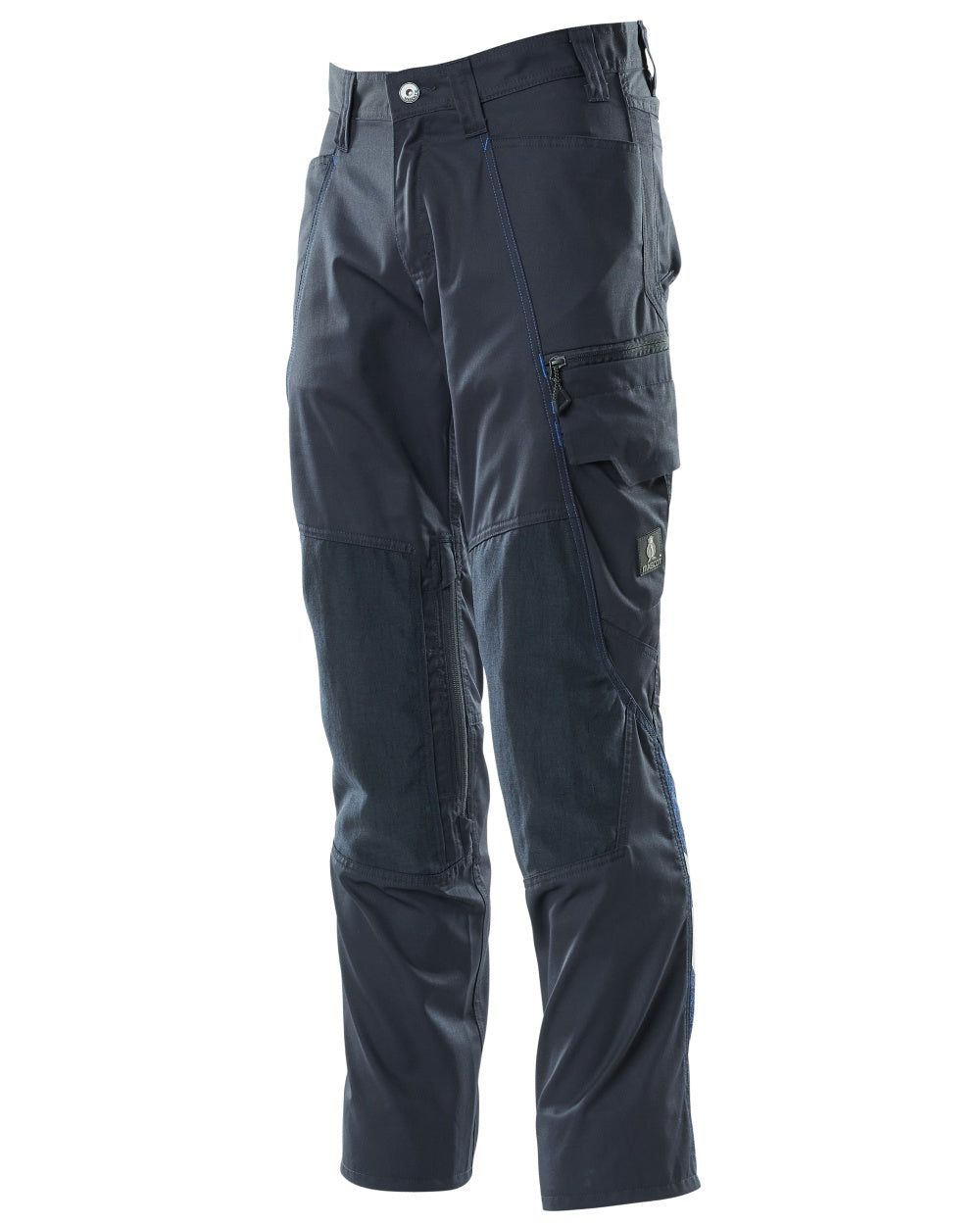 Dark Navy coloured Mascot Workwear Mens Accelerate Trousers With Kneepad Pockets on white background 