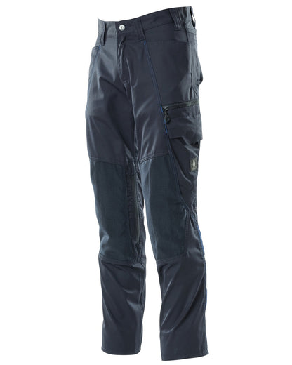 Dark Navy coloured Mascot Workwear Mens Accelerate Trousers With Kneepad Pockets on white background 