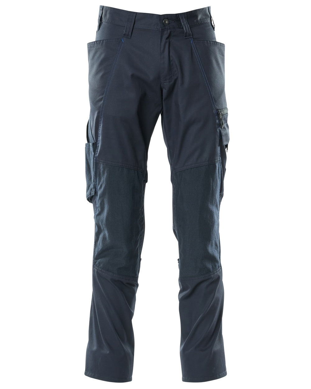 Dark Navy coloured Mascot Workwear Mens Accelerate Trousers With Kneepad Pockets on white background 