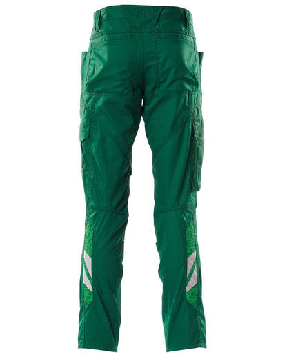 Green coloured Mascot Workwear Mens Accelerate Trousers With Kneepad Pockets on white background 