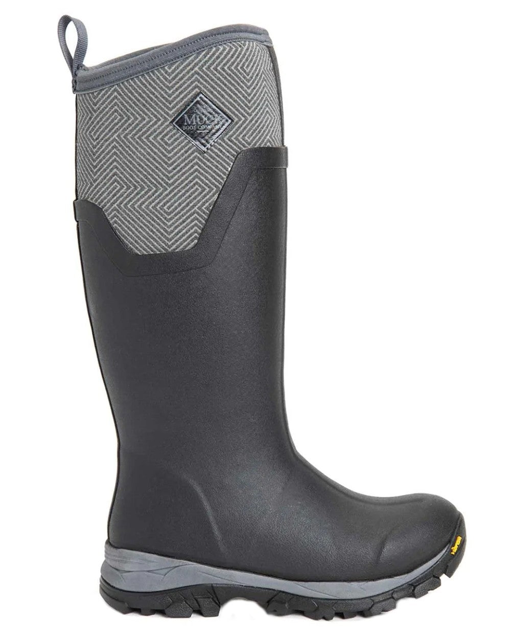 Black Grey Geometric coloured Muck Boots Womens Arctic Ice Tall Wellingtons on white background 