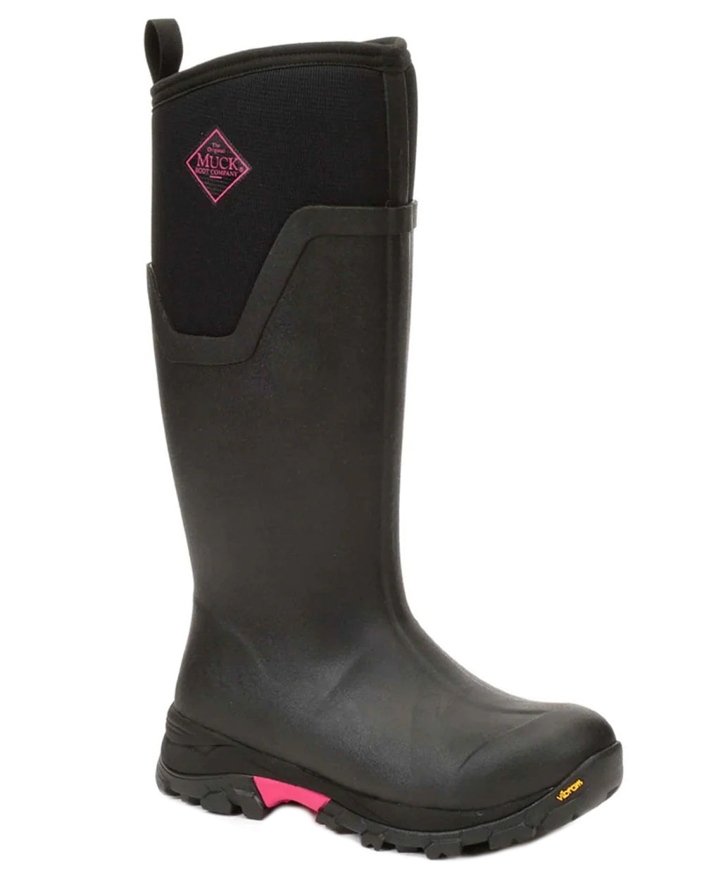 Black Hot Pink coloured Muck Boots Womens Arctic Ice Tall Wellingtons on white background 