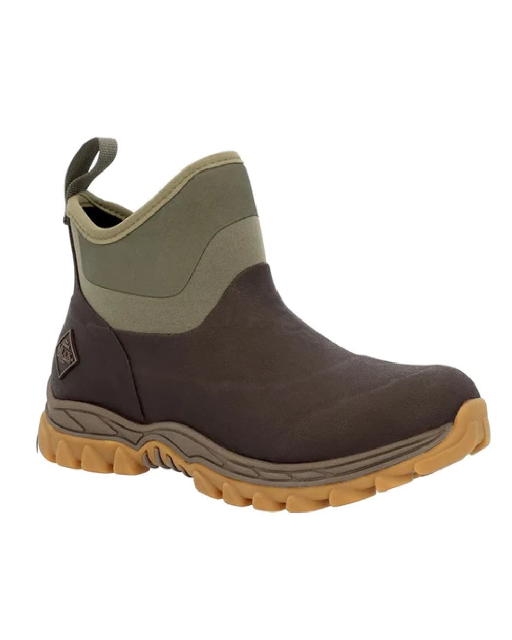 Dark Brown Olive Coloured Muck Boots Womens Arctic Sport II Ankle Boots On A White Background 