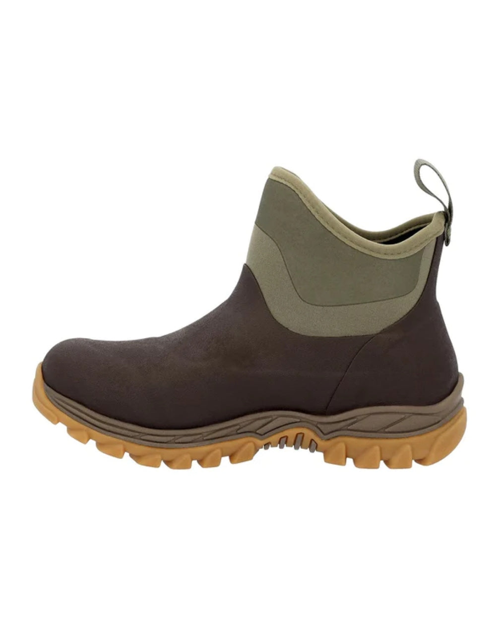 Dark Brown Olive Coloured Muck Boots Womens Arctic Sport II Ankle Boots On A White Background 