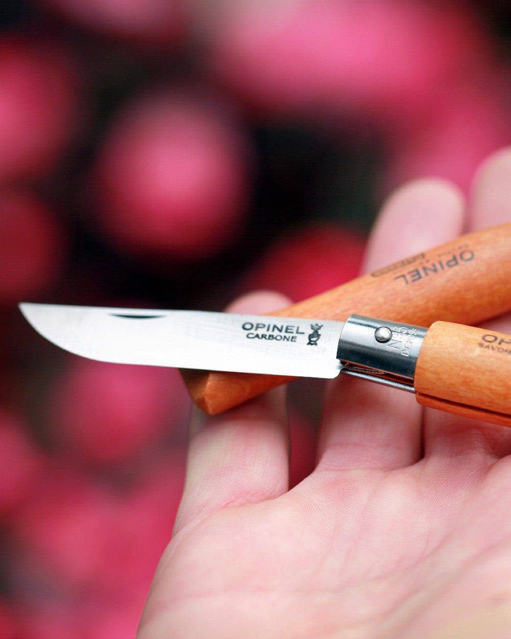 Carbon Steel coloured Opinel Classic Originals Knife on blurry background 