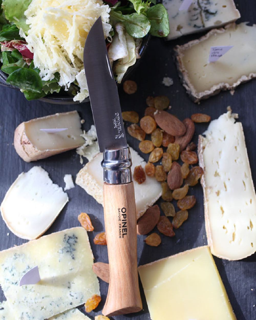 Stainless Steel coloured Opinel Classic Originals Knife on food background 