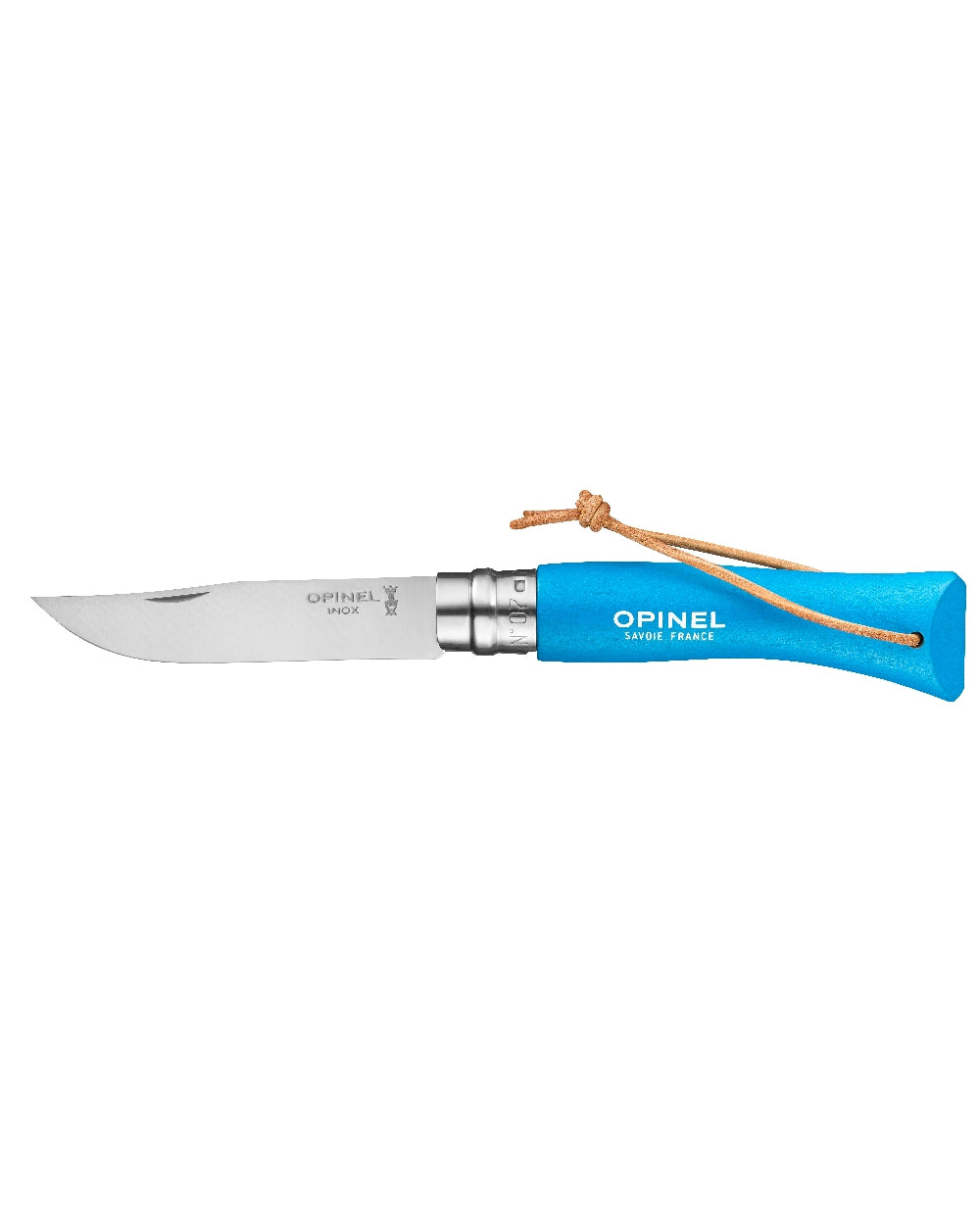 Cyan Blue coloured Opinel Colorama Trekking Knife on white background 