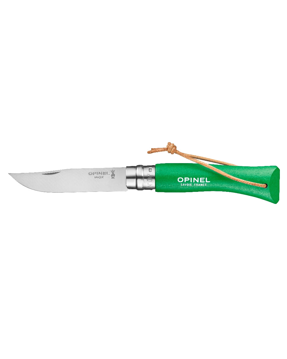 Green coloured Opinel Colorama Trekking Knife on white background 