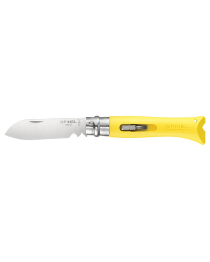 Yellow coloured Opinel No.9 DIY Knife on white background 