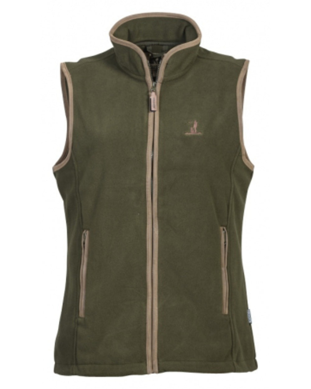 Khaki coloured Percussion Ladies Scotland Fleece Gilet on white background 
