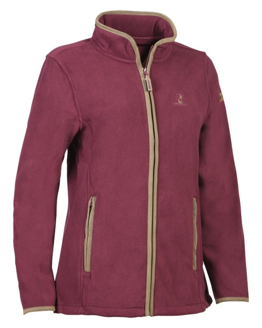 Burgundy coloured Percussion Scotland Ladies Fleece Jacket on white background 
