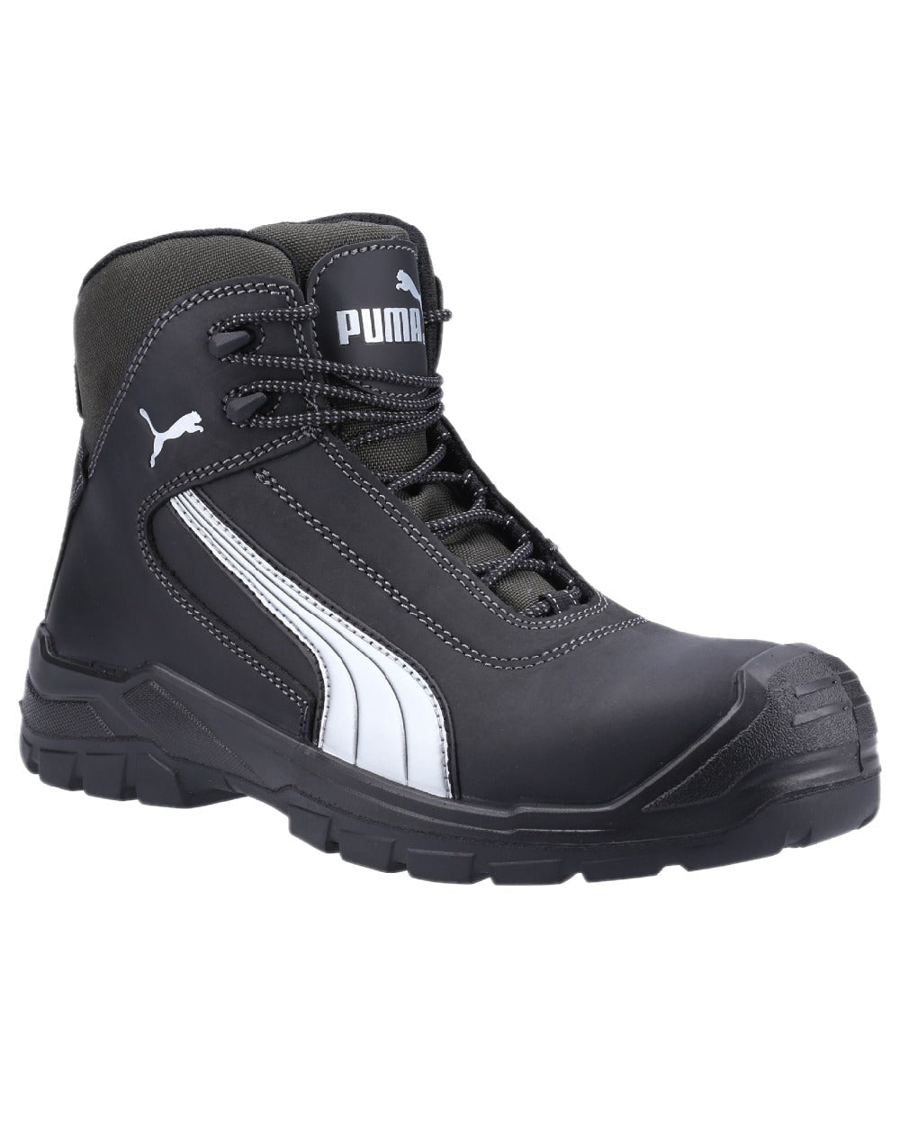 Black Coloured Puma Safety Mens Cascades Mid Safety Shoes S3 on white background 