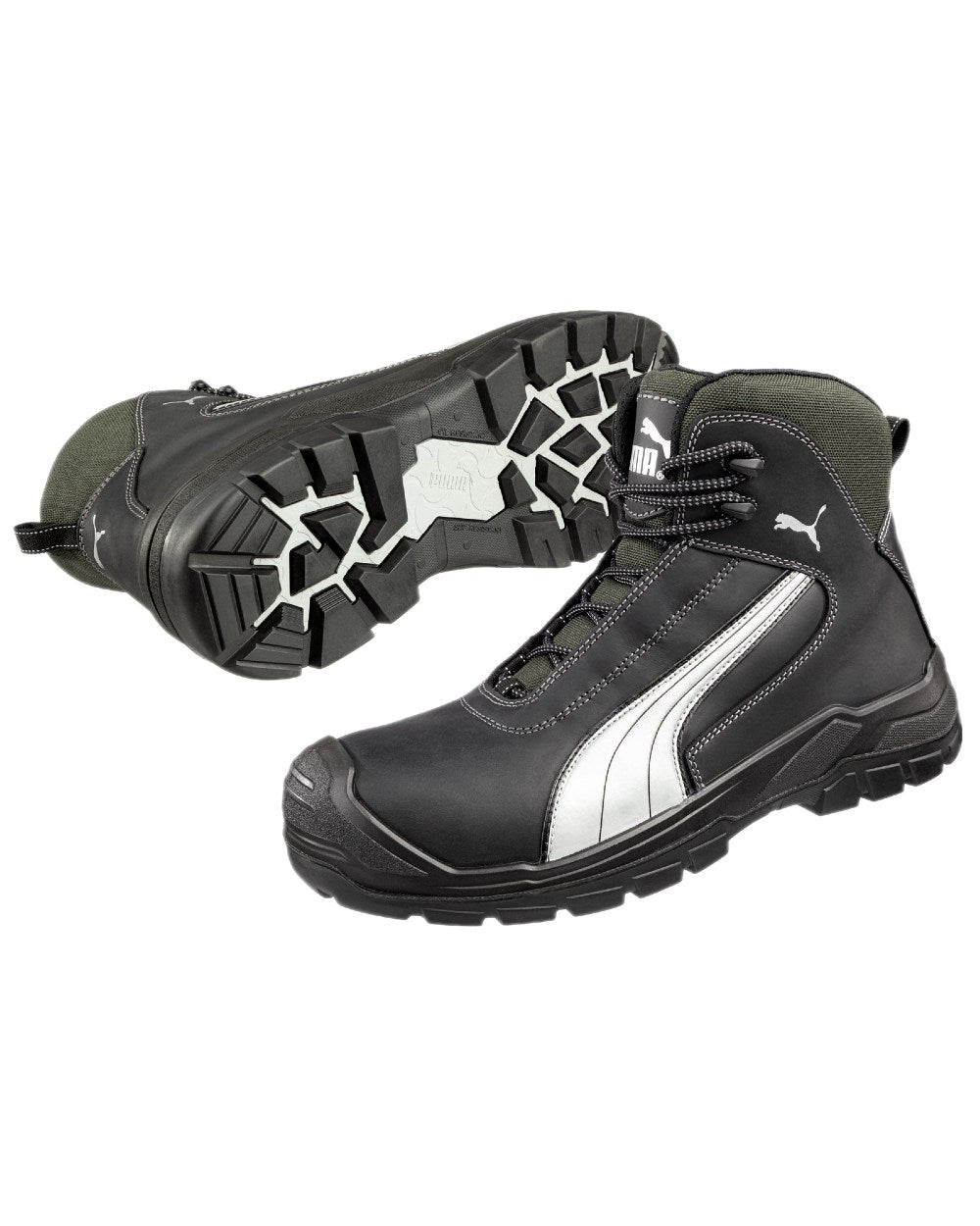 Black Coloured Puma Safety Mens Cascades Mid Safety Shoes S3 on white background 