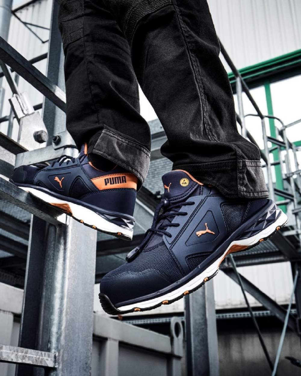 Blue Orange Coloured Puma Safety Mens Chase Low Safety Shoes S1PS on outdoor background 