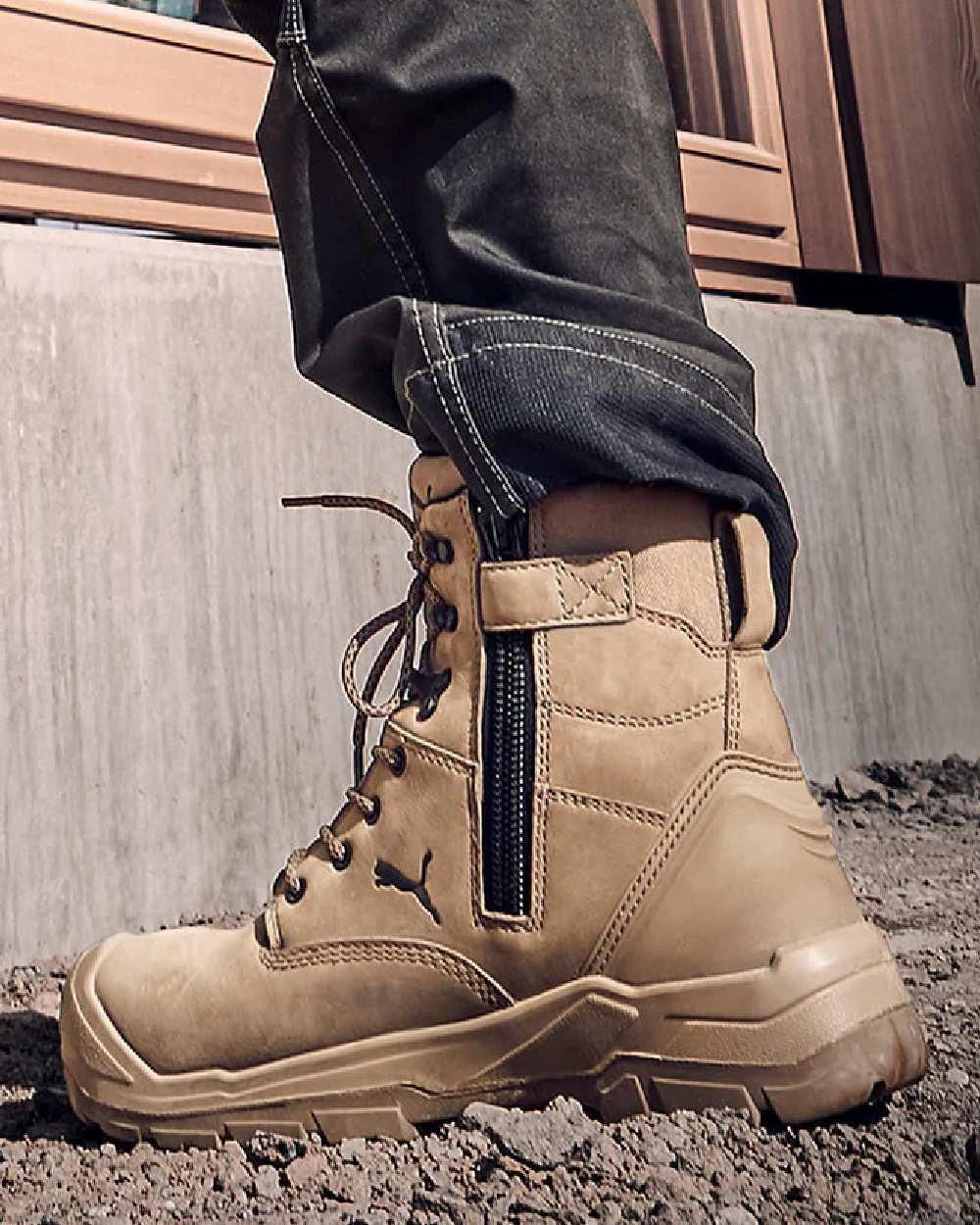 Stone Coloured Puma Safety Mens Conquest High Safety Shoes S3 on outdoor background 