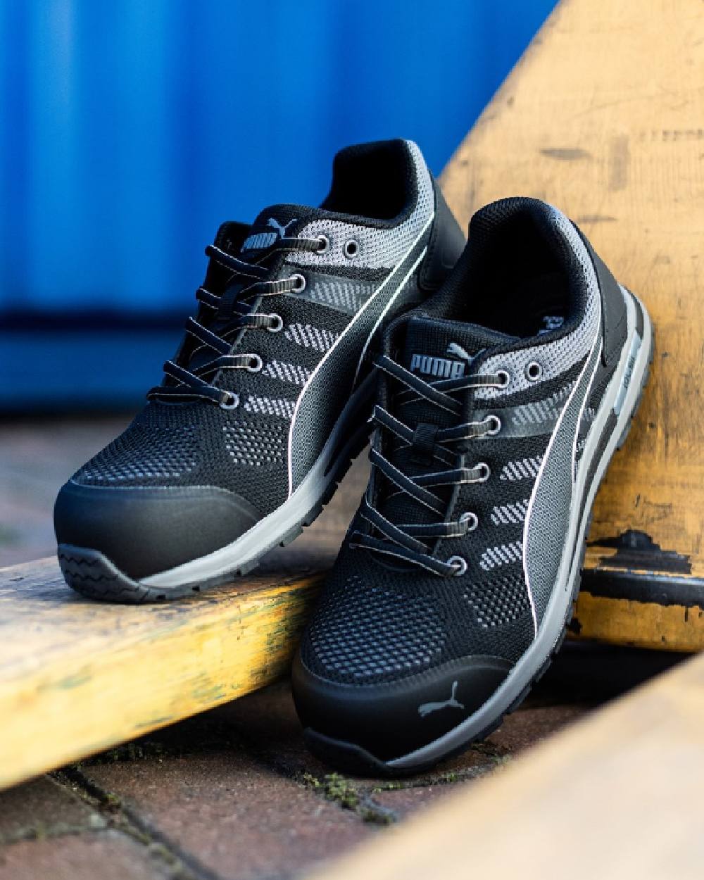 Black Coloured Puma Safety Mens Elevate Knit Low Safety Shoes S1P ESD on outdoor background 
