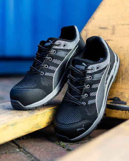 Black Coloured Puma Safety Mens Elevate Knit Low Safety Shoes S1P ESD on outdoor background 