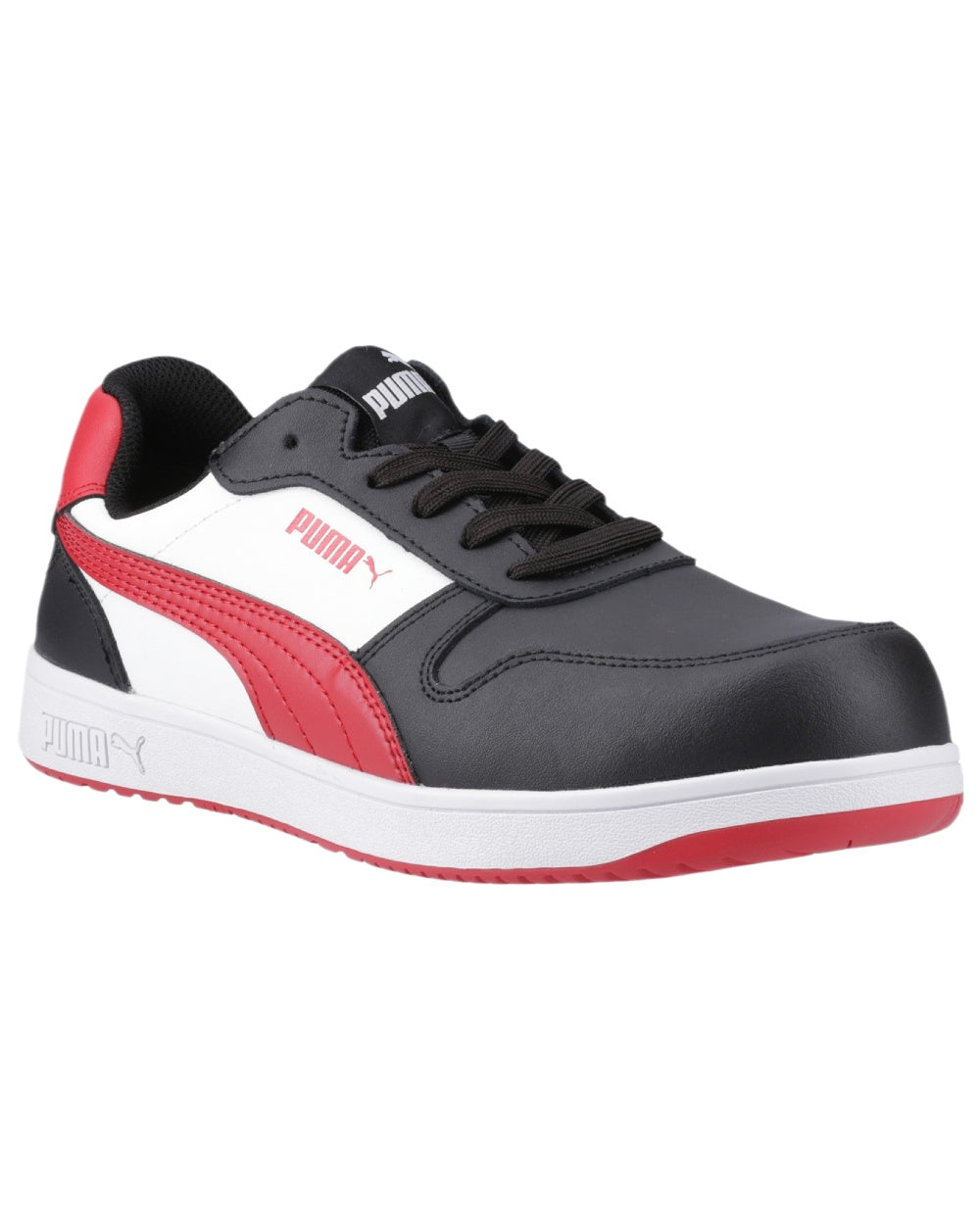 Black White Red Coloured Puma Safety Mens Frontcourt Low Trainers on white background 