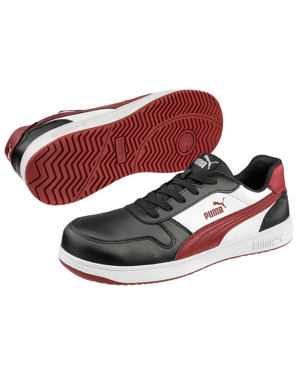 Black White Red Coloured Puma Safety Mens Frontcourt Low Trainers on white background 