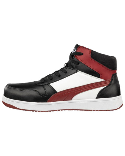 Black Red Coloured Puma Safety Mens Frontcourt Safety Shoes on white background 