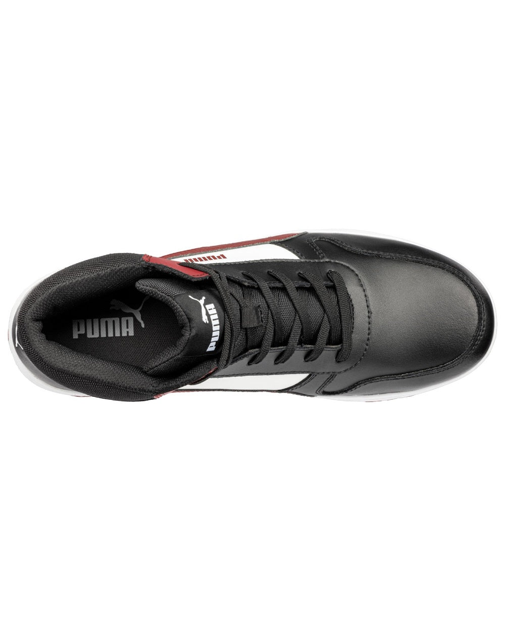 Black Red Coloured Puma Safety Mens Frontcourt Safety Shoes on white background 