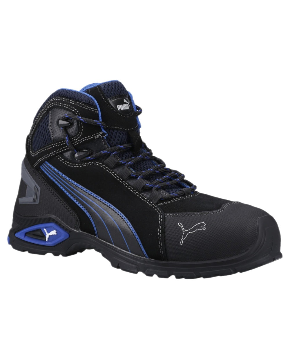 Black Coloured Puma Safety Mens Rio Mid Safety Shoes on white background 