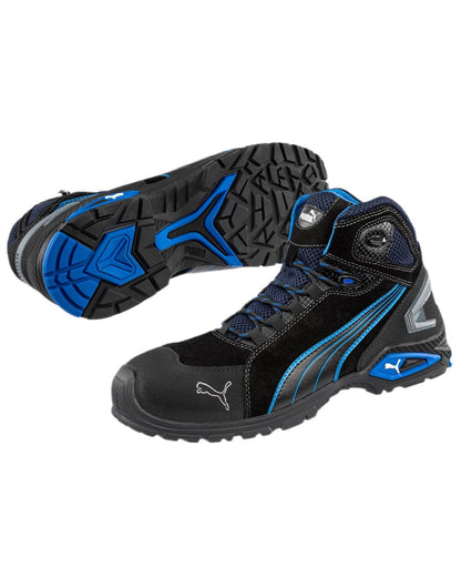 Black Coloured Puma Safety Mens Rio Mid Safety Shoes on white background 