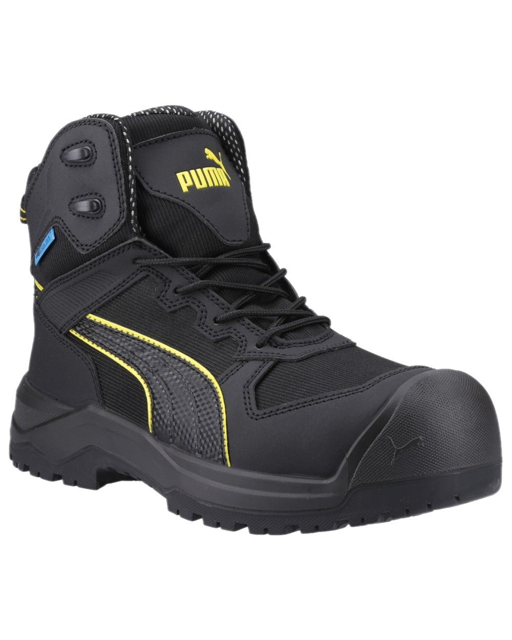 Black Yellow Coloured Puma Safety Mens Rock Heavy Duty CTX Mid Safety Shoes S7S on white background 