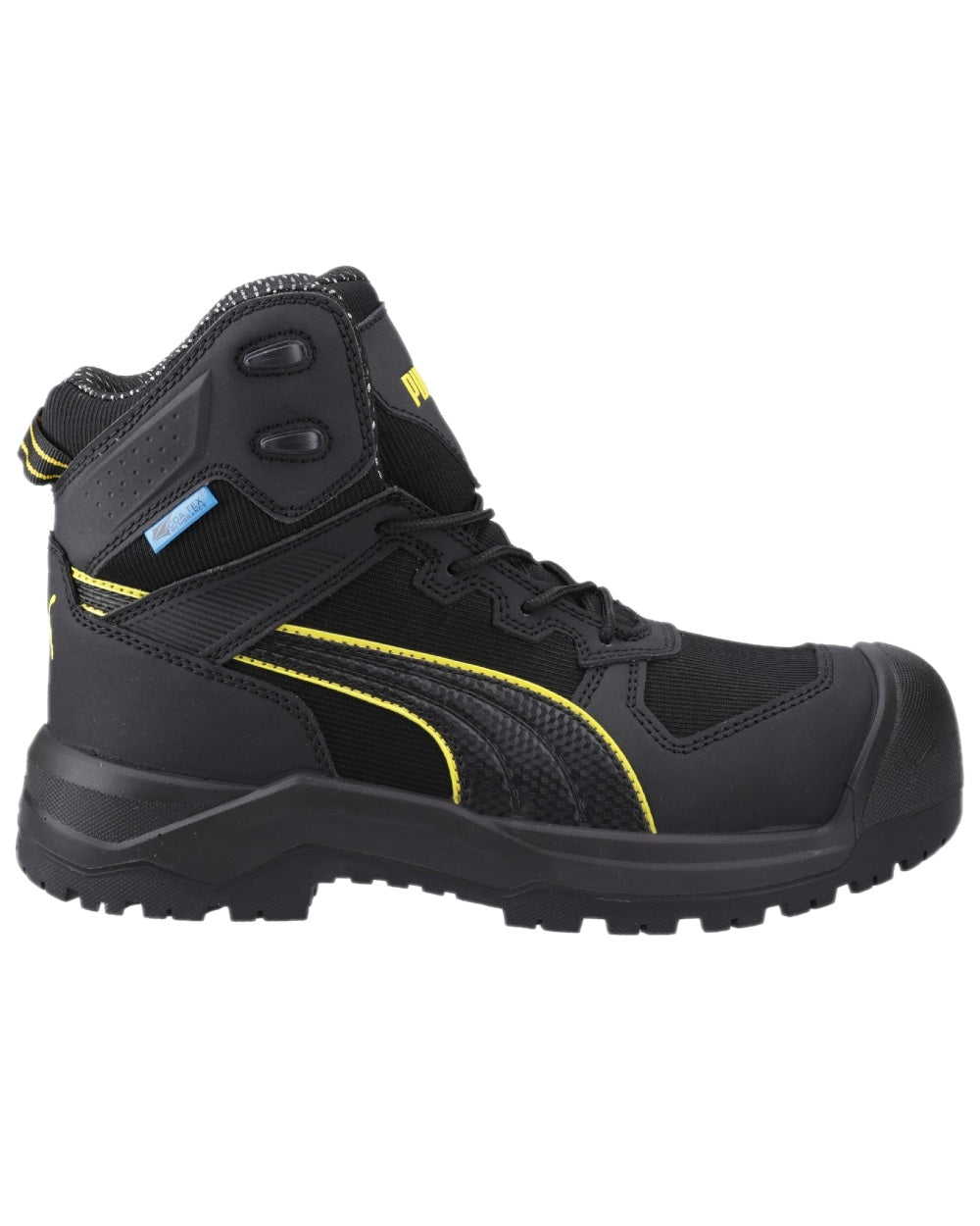 Black Yellow Coloured Puma Safety Mens Rock Heavy Duty CTX Mid Safety Shoes S7S on white background 