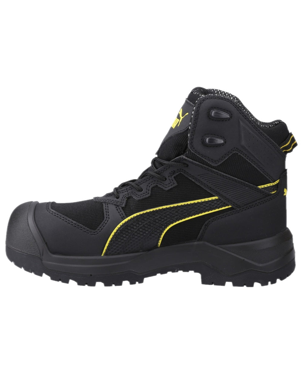Black Yellow Coloured Puma Safety Mens Rock Heavy Duty CTX Mid Safety Shoes S7S on white background 