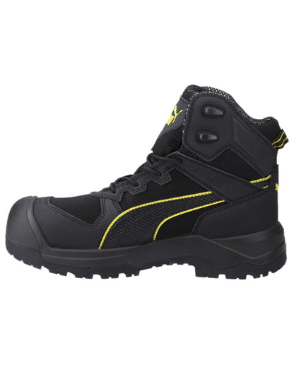 Black Yellow Coloured Puma Safety Mens Rock Heavy Duty CTX Mid Safety Shoes S7S on white background 