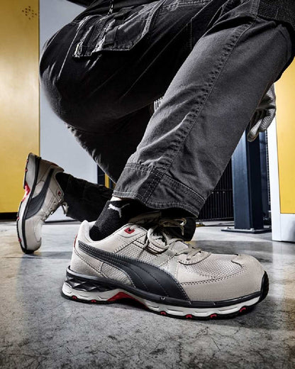 Grey Coloured Puma Safety Mens Vanti Low Safety Shoes S1PS on outdoor background 