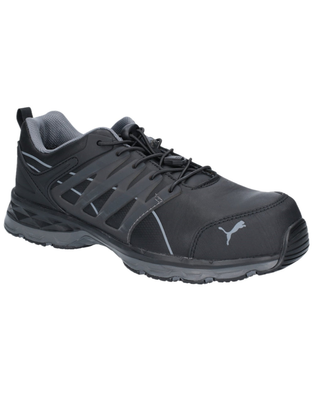 Black Coloured Puma Safety Mens Velocity 2.0 Low Safety Shoes S3S ESD on white background 