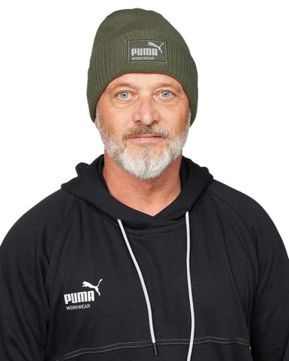 Olive Coloured Puma Workwear Beanie on white background 