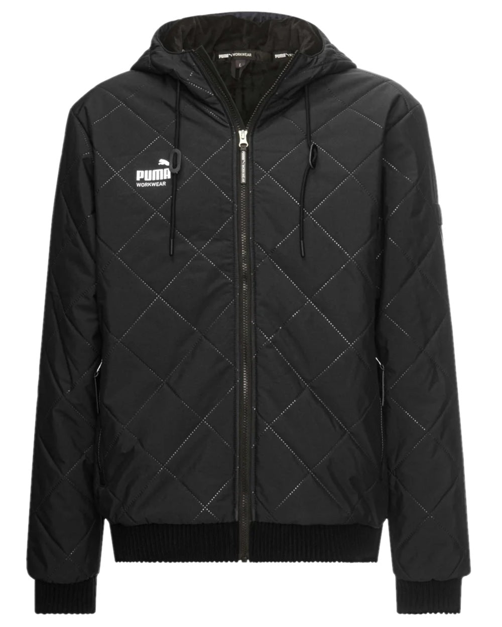 Carbon Coloured Puma Workwear Mens Essentials Hooded Winter Work Jacket on white background 